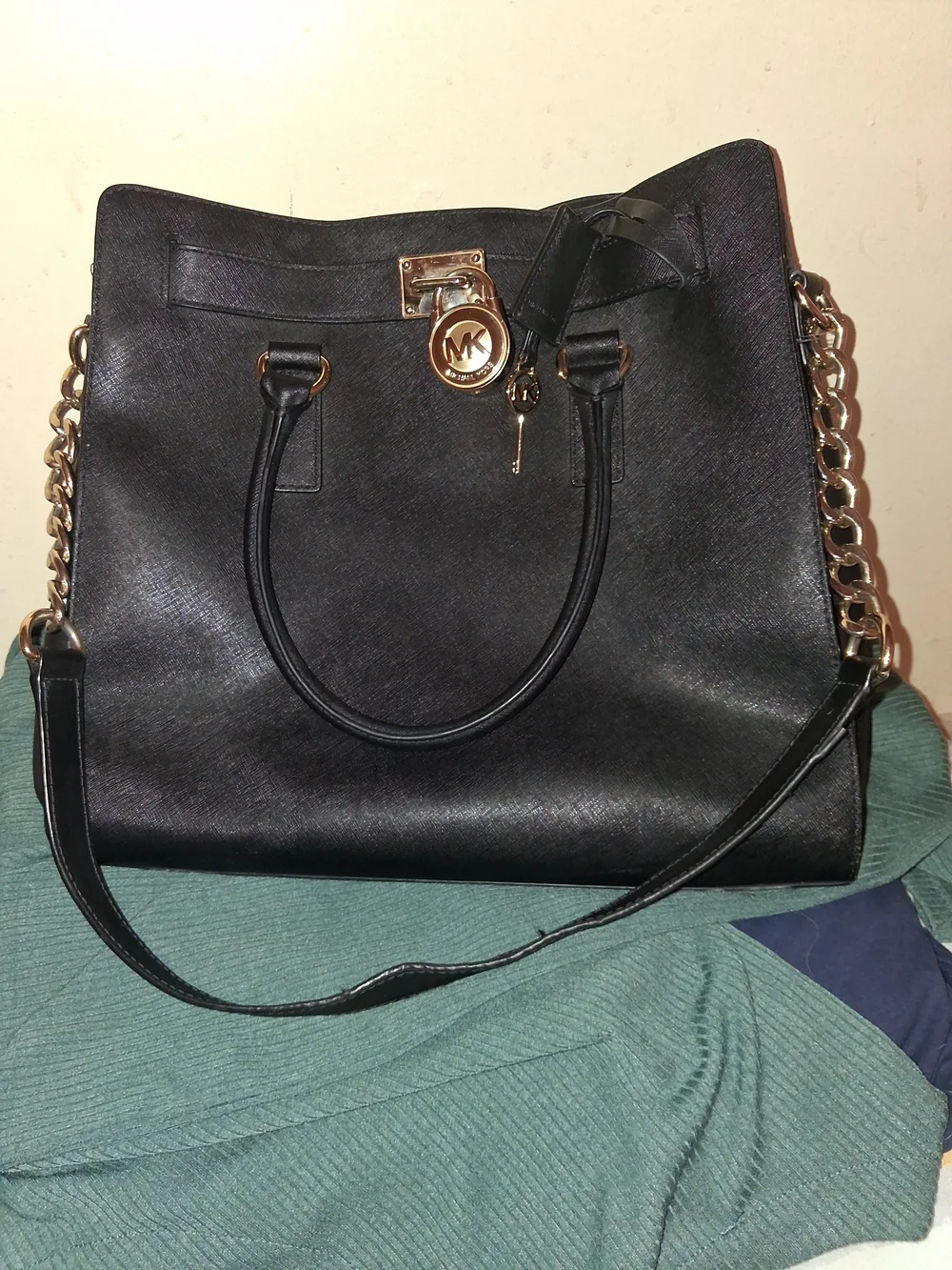 Michael Kors Black Leather Tote with Gold Accent Charm